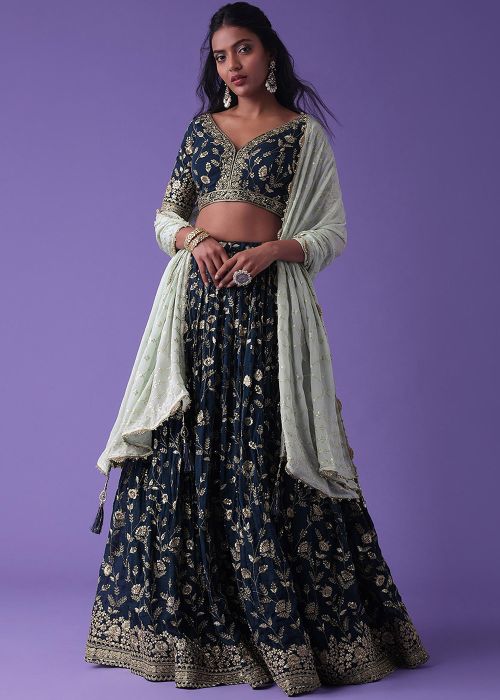 Blue Embroidered Lehenga Choli In Georgette