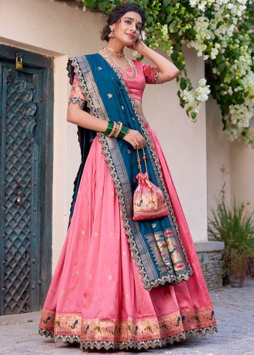 Pink Zari Woven Lehenga Choli In Art Silk
