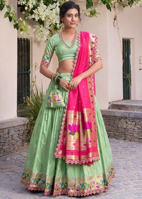 Green Art Silk Lehenga Cholin Zari Woven Work