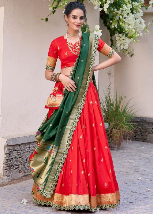 Red Zari Woven Lehenga Choli