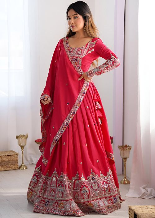Red Embroidered Lehenga Choli In Crape