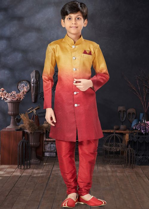 Red & Golden Shaded Art Silk Kids Sherwani