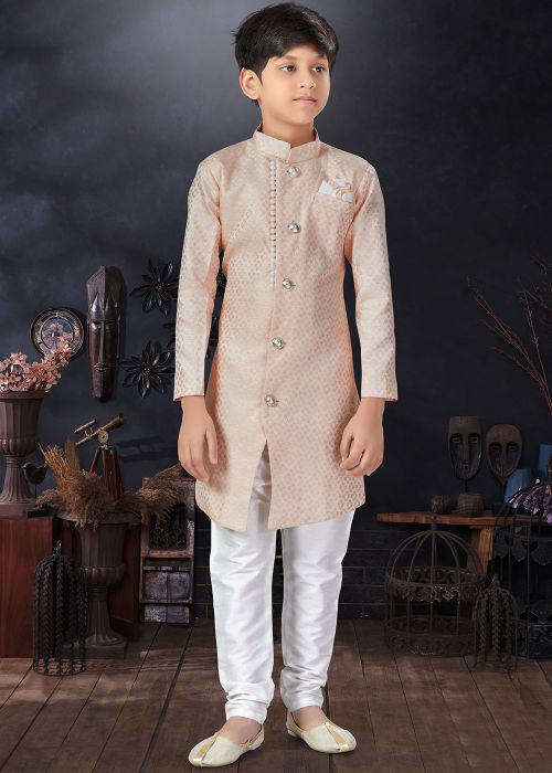 Peach Shaded Jacquard Kids Sherwani Set