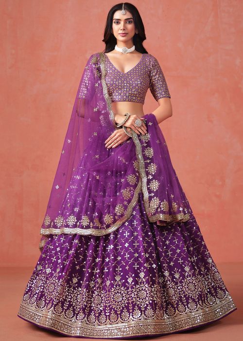 Purple Embroidered Georgette Lehenga Choli