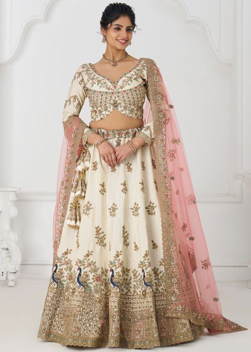 Off White Embroidered Lehenga Choli In Silk
