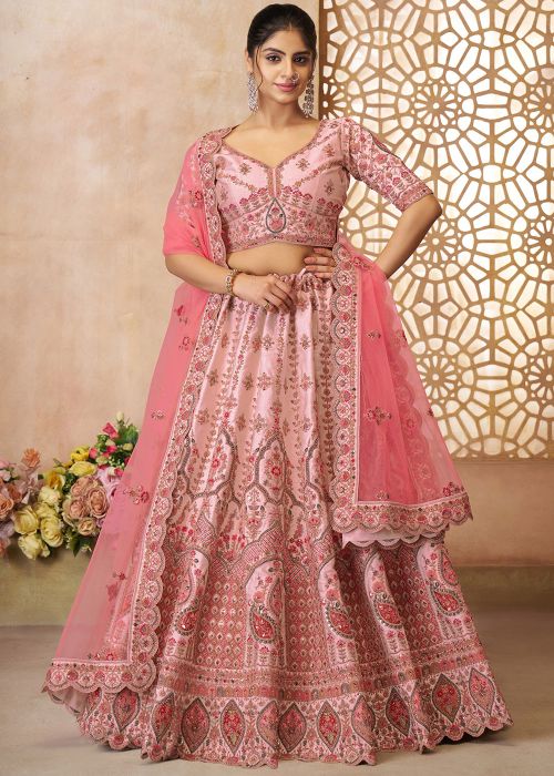 Pink Embroidered Silk Lehenga Choli