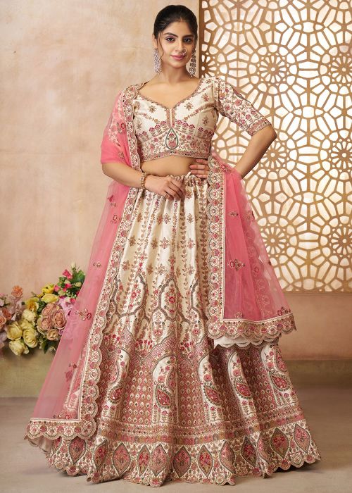 Off White Embroidered Lehenga Choli In Silk
