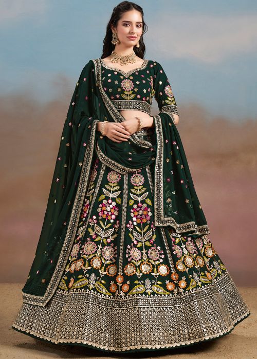 Green Embroidered Georgette Lehenga Choli