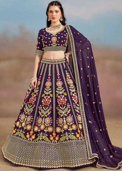 Purple Embroidered Lehenga Choli In Georgette