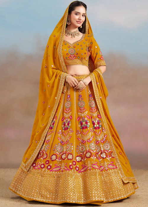 Yellow Embroidered Georgette Lehenga Choli