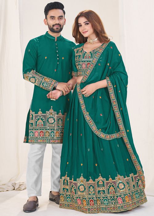 Green Sequin Work Couple Wear In Georgette