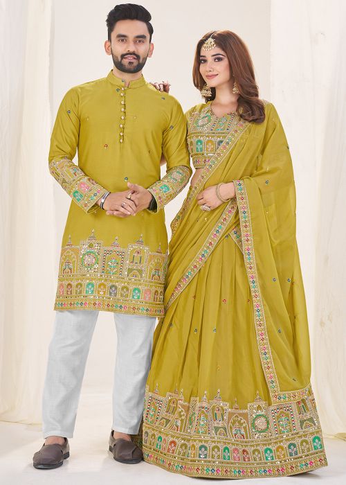 Lime Green Embroidered Couple Wear Set