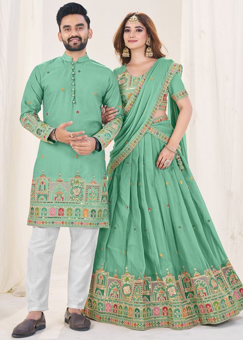 Sage Green Sequin Work Couple Wear In Georgette