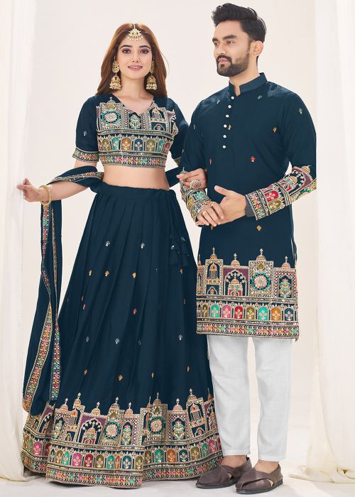 Blue Embroidered Georgette Couple Wear Set