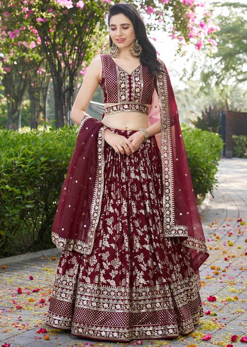 Maroon Embroidered Border Lehenga Choli Set