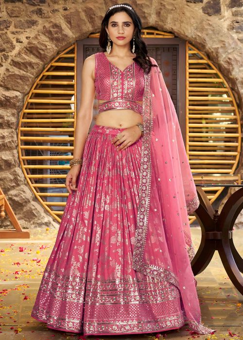 Peach Art Silk Woven Lehenga Choli Set