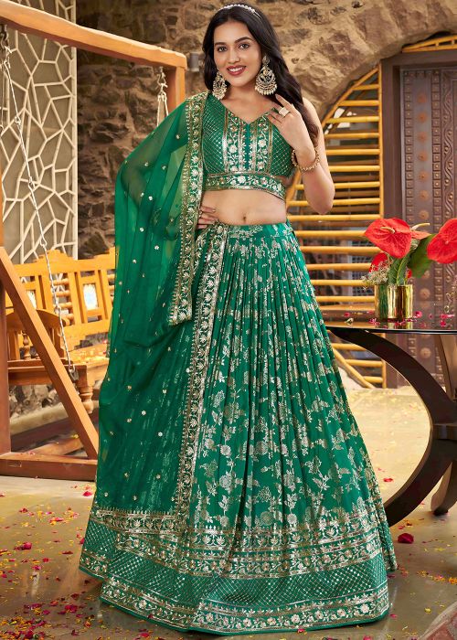 Teal Green Embroidered Border Lehenga Choli