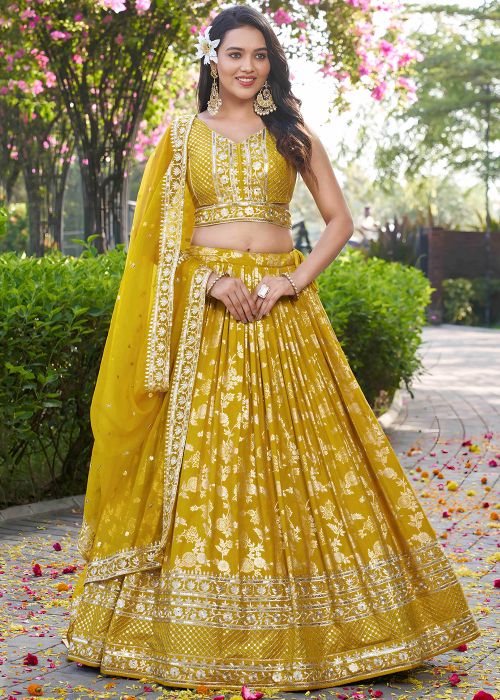 Yellow Zari Woven Lehenga Choli In Art Silk