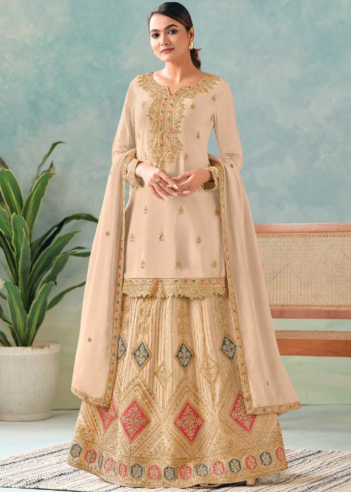 Cream Full Sleeved Emboidered Kurti Style Lehenga