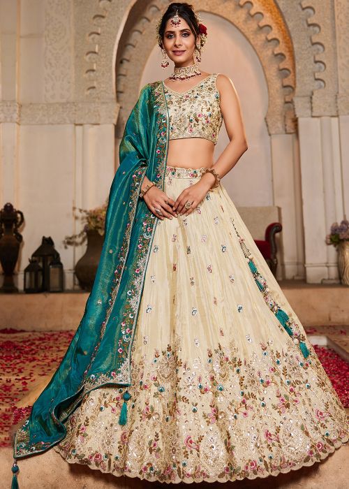 Cream Embroidered Lehenga Choli In Tissue