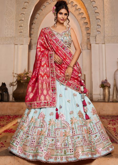 Blue Embroidered Tissue Lehenga Choli