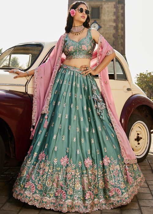 Dusty Turquoise Embroidered Georgette Lehenga Choli