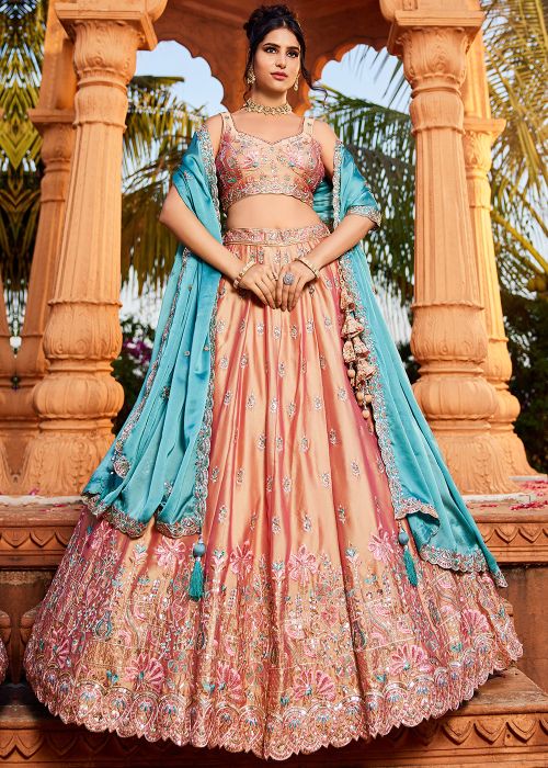 Peach Thread Work Georgette Lehenga Choli