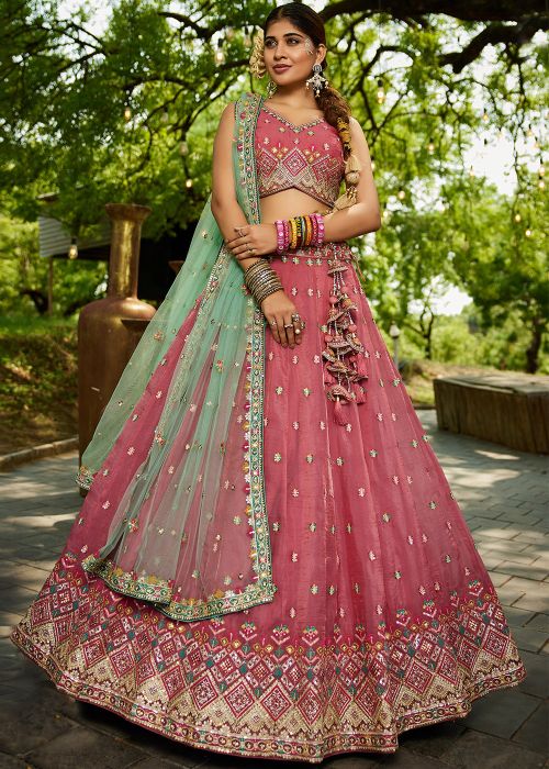 Pink Embellished Lehenga Choli In Tissue