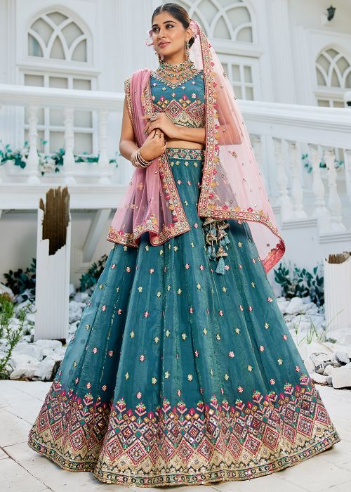 Teal Blue Embroidered Lehenga Choli In Tissue
