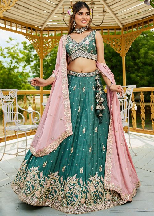 Teal Green Embroidered Chiffon Lehenga Choli