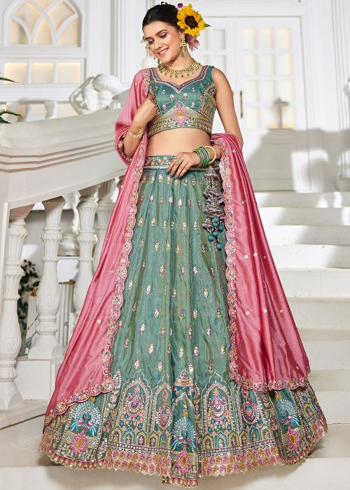 Sea Green Embroidered Tissue Lehenga Choli