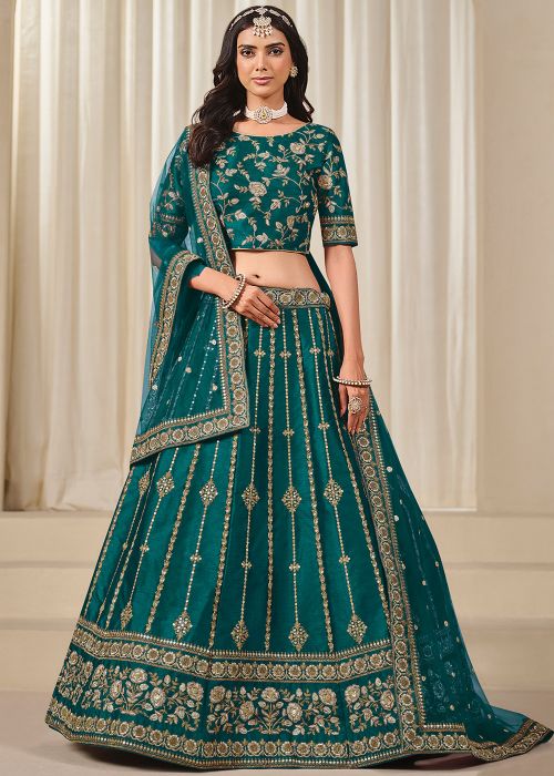 Green Embroidered A-Line Lehenga Choli