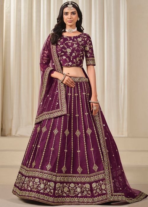 Wine Embroidered Lehenga Choli In Art Silk