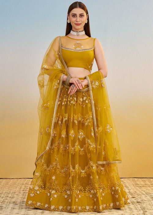 Yellow Embroidered Lehenga Choli In Net