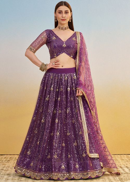 Purple Embroidered Net Lehenga Choli