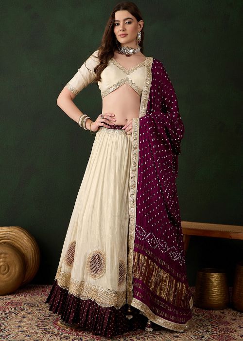 Cream Embroidered Viscose Lehenga Choli