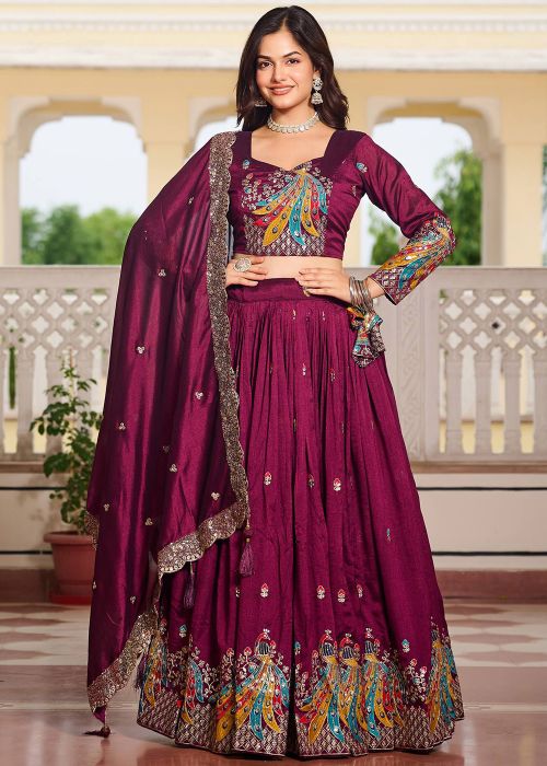 Wine Embroidered Lehenga Choli & Dupatta