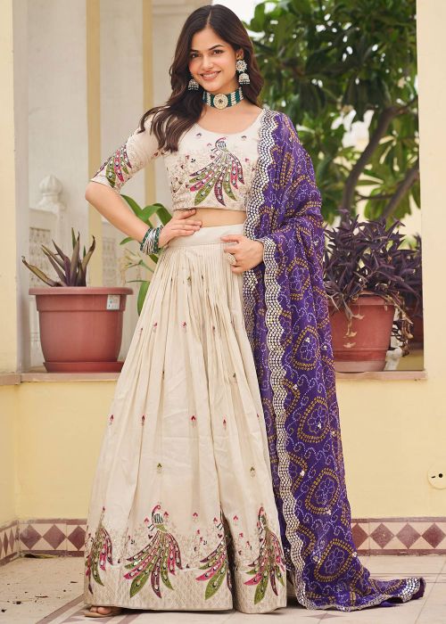 Off White Embroidered Tissue Lehenga Choli