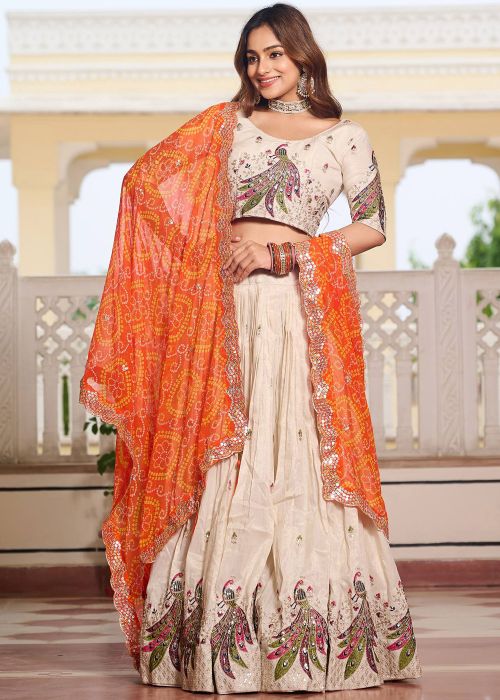 Off White Embroidered Tissue Lehenga Choli Set