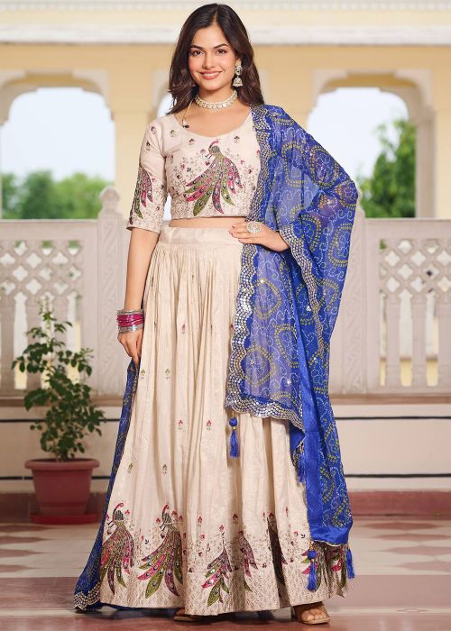 Off White Embroidered Lehenga Choli In Tissue Silk