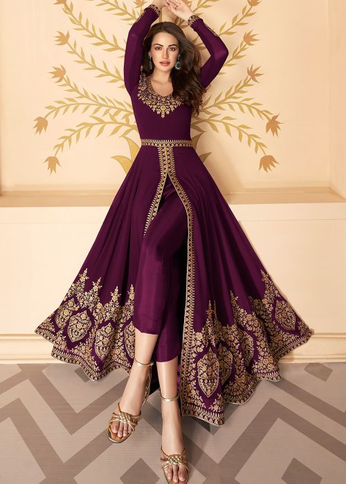 purple color punjabi dress Purple Embroidered Classic Punjabi Suit Purple / Thread / Silk