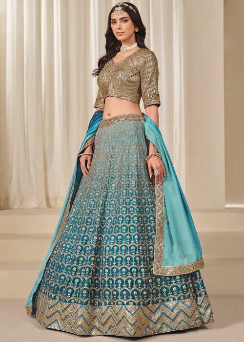 Blue Embroidered Chiffon Lehenga Choli