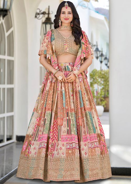 Beige Digital Print Lehenga Choli In Chiffon