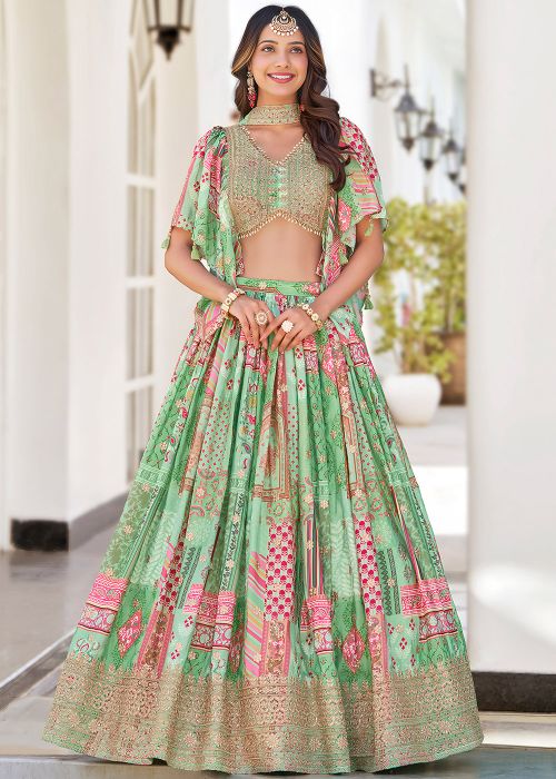 Green Chiffon Lehenga Choli In Digital Print
