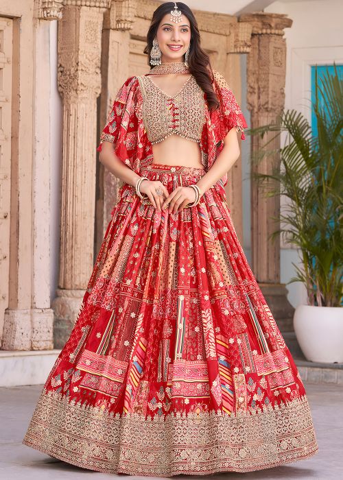 Red Digital Print Chiffon Lehenga Choli