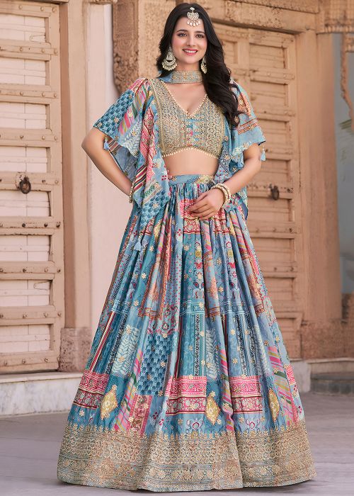Sky Blue Digital Print Lehenga Choli & Dupatta