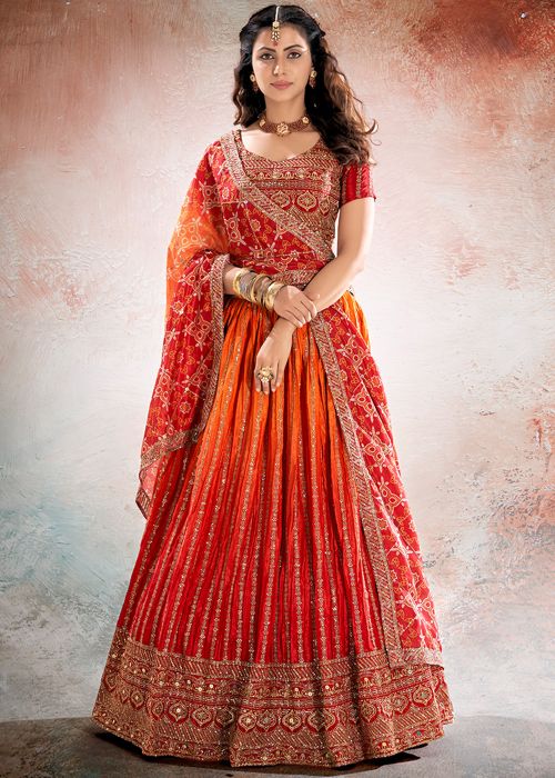 Shaded Red And Orange Chiffon Lehenga Choli