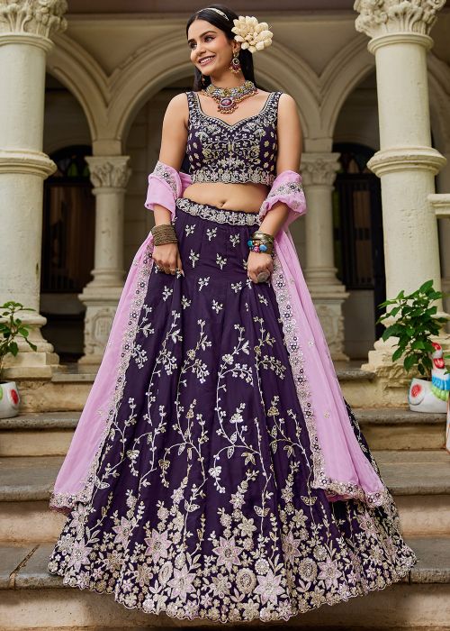 Purple Embroidered Organza Lehenga Choli Set