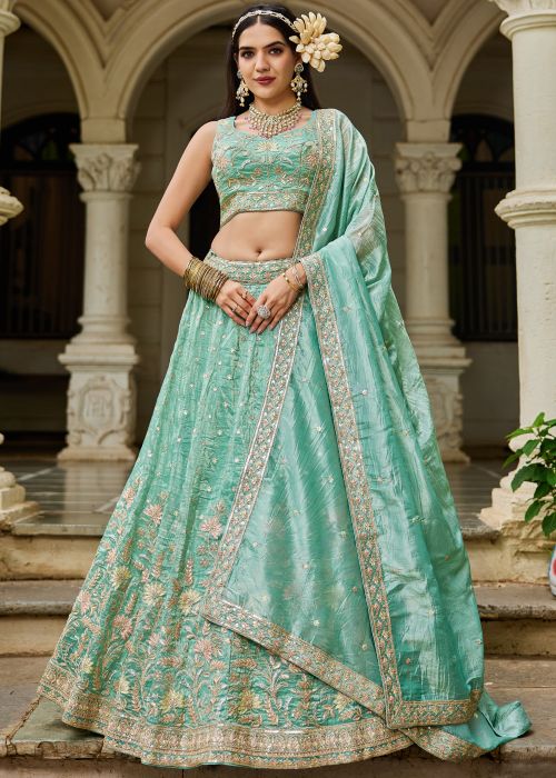 Turquoise Embellished Tissue Lehenga Choli
