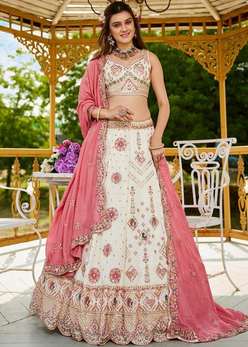 Cream Thread Embroidered Lehenga Choli